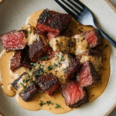 Juicy steak served with bourbon garlic cream sauce on a plate.