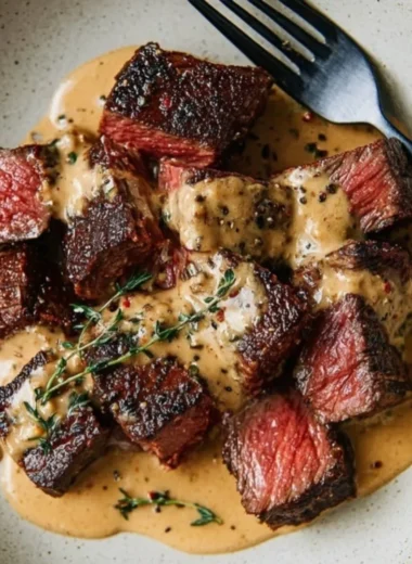 Juicy steak served with bourbon garlic cream sauce on a plate.