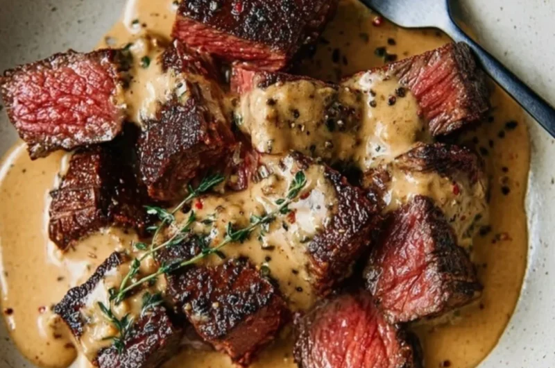 Juicy steak served with bourbon garlic cream sauce on a plate.