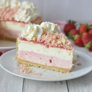 Delicious Strawberry Crunch Cheesecake with fresh strawberries and crispy topping
