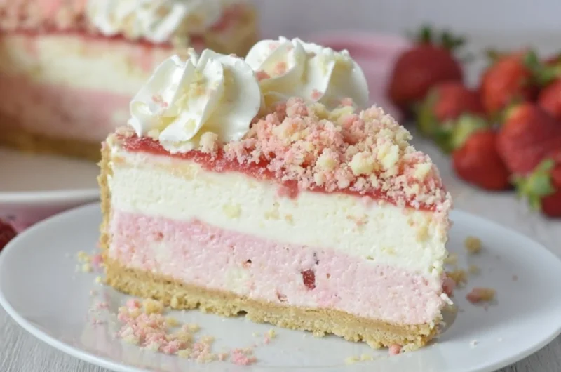Delicious Strawberry Crunch Cheesecake with fresh strawberries and crispy topping