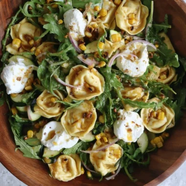 Colorful summer tortellini salad with fresh vegetables and herbs.