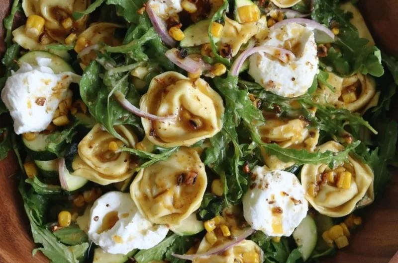 Colorful summer tortellini salad with fresh vegetables and herbs.