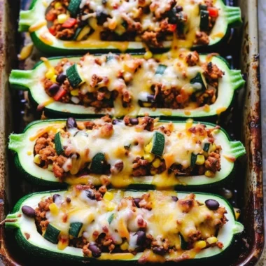 Taco Zucchini Boats topped with seasoned meat, cheese, and fresh garnishes