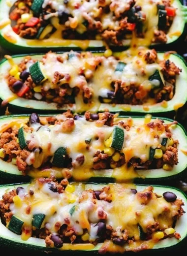 Taco Zucchini Boats topped with seasoned meat, cheese, and fresh garnishes
