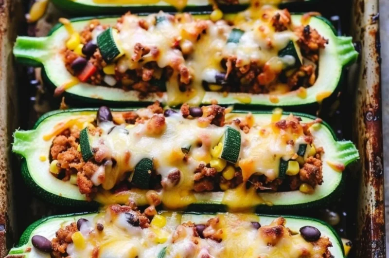 Taco Zucchini Boats topped with seasoned meat, cheese, and fresh garnishes