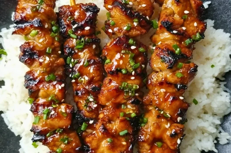 Grilled teriyaki chicken skewers garnished with sesame seeds.