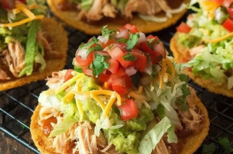 Delicious Chicken Tostadas topped with guacamole and beans