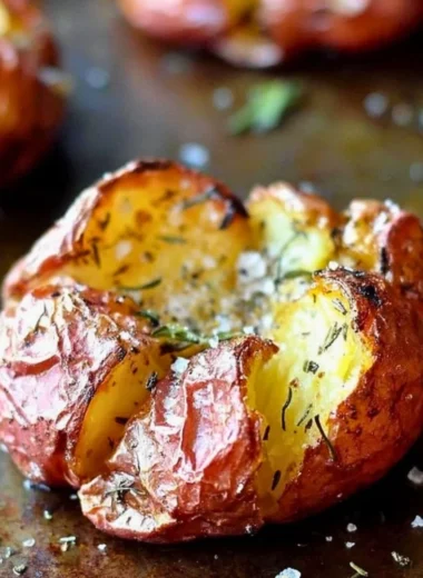 Deliciously herbed smashed red potatoes seasoned with salt and herbs.