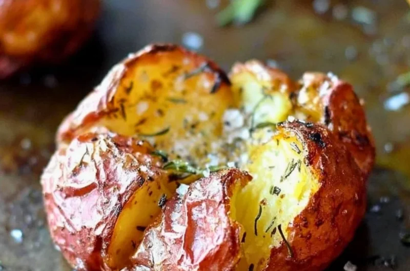Deliciously herbed smashed red potatoes seasoned with salt and herbs.