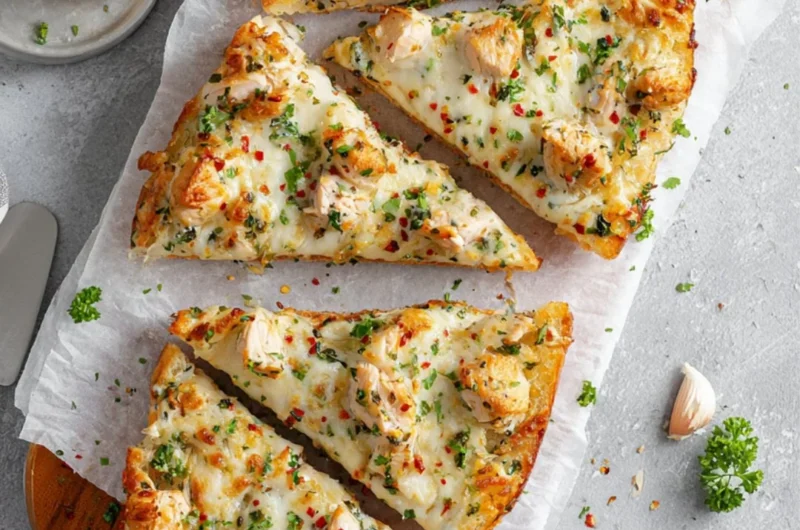 Viral Chicken Alfredo garlic bread recipe with creamy sauce and garlic flavor