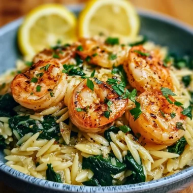Lemon garlic shrimp with spinach orzo served on a plate