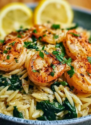 Lemon garlic shrimp with spinach orzo served on a plate