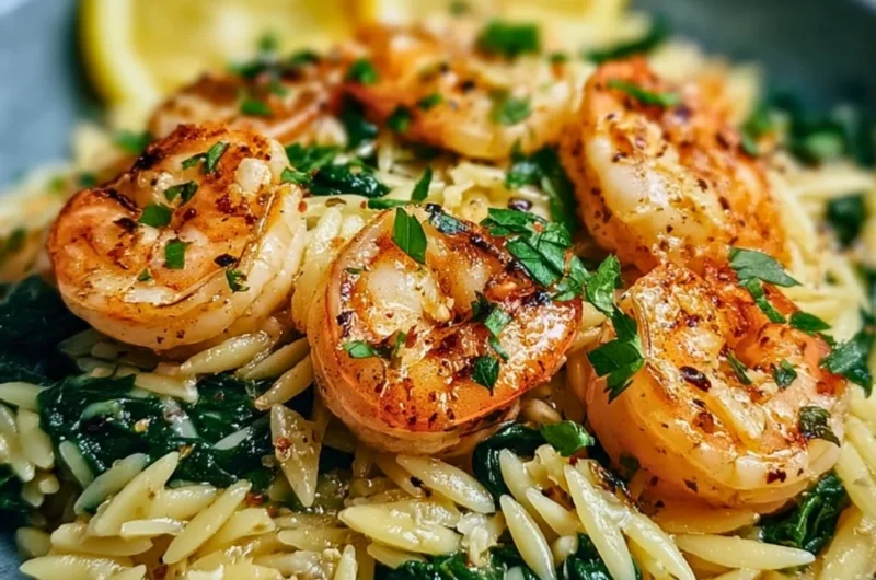 Lemon garlic shrimp with spinach orzo served on a plate