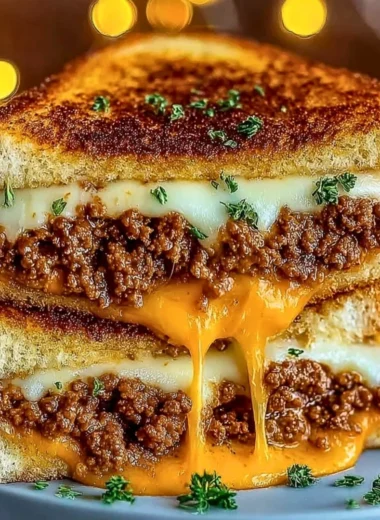 Ultimate Cheesy Ground Beef Melt with layers of cheese and ground beef